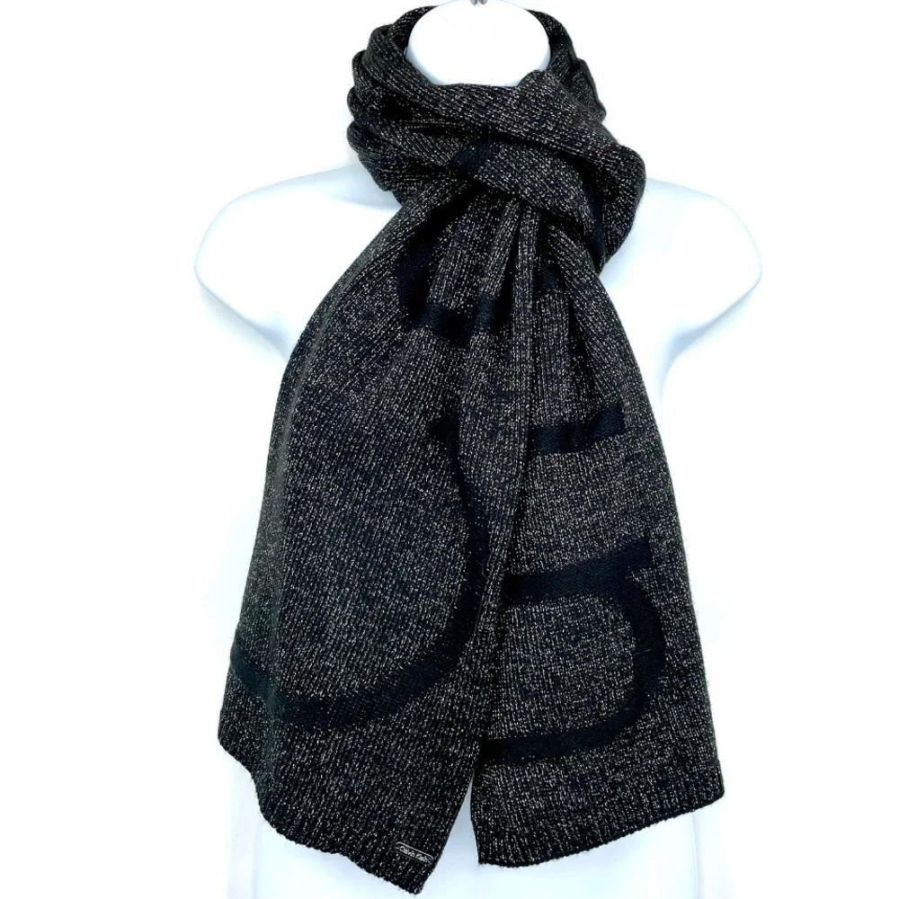 90’s Calvin Klein LOGO WOVEN scarf in black gold silver metallic knit embossed